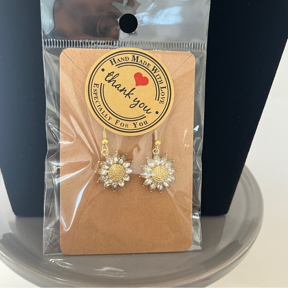 Nickel-Free Handmade Gold Sunflower Dangle Earrings with Crystal Petals - Picture 5 of 5